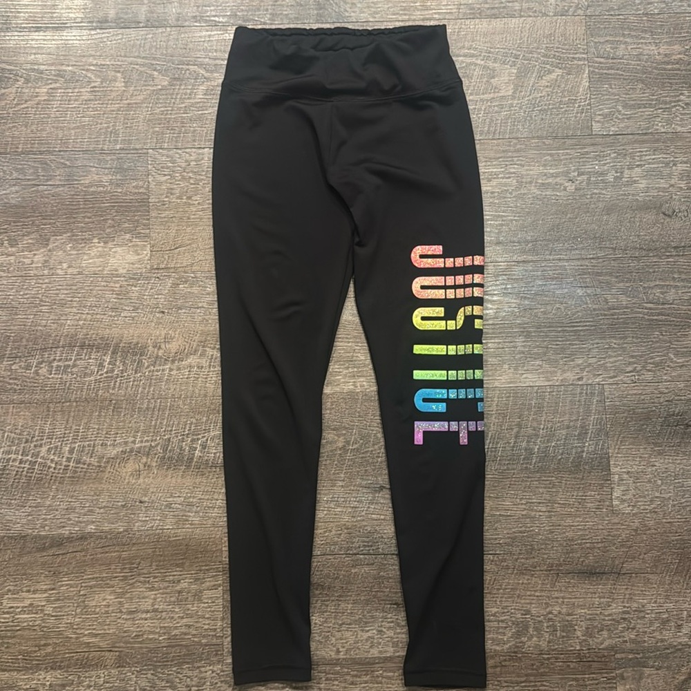 Girls black  justice active leggings with rainbow glitter wording size 12